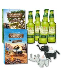 Nashorn Nirwana & Elefanten Ekstase Geschenkset mit WHK Lager, Biltong und Teelichthaltern